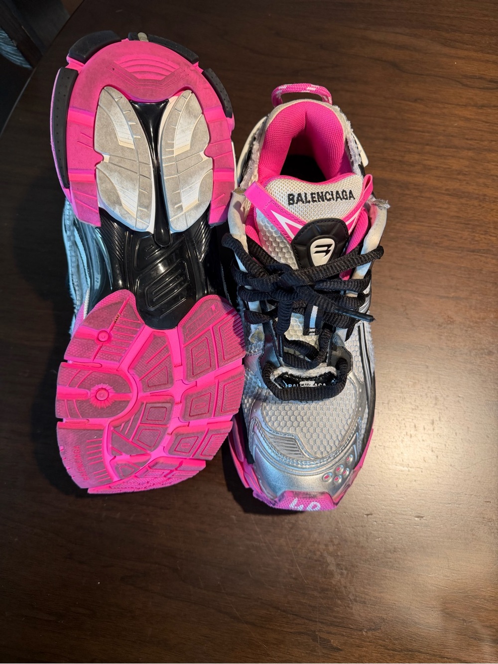 Balenciaga Silver and Hot Pink Runner Sneakers